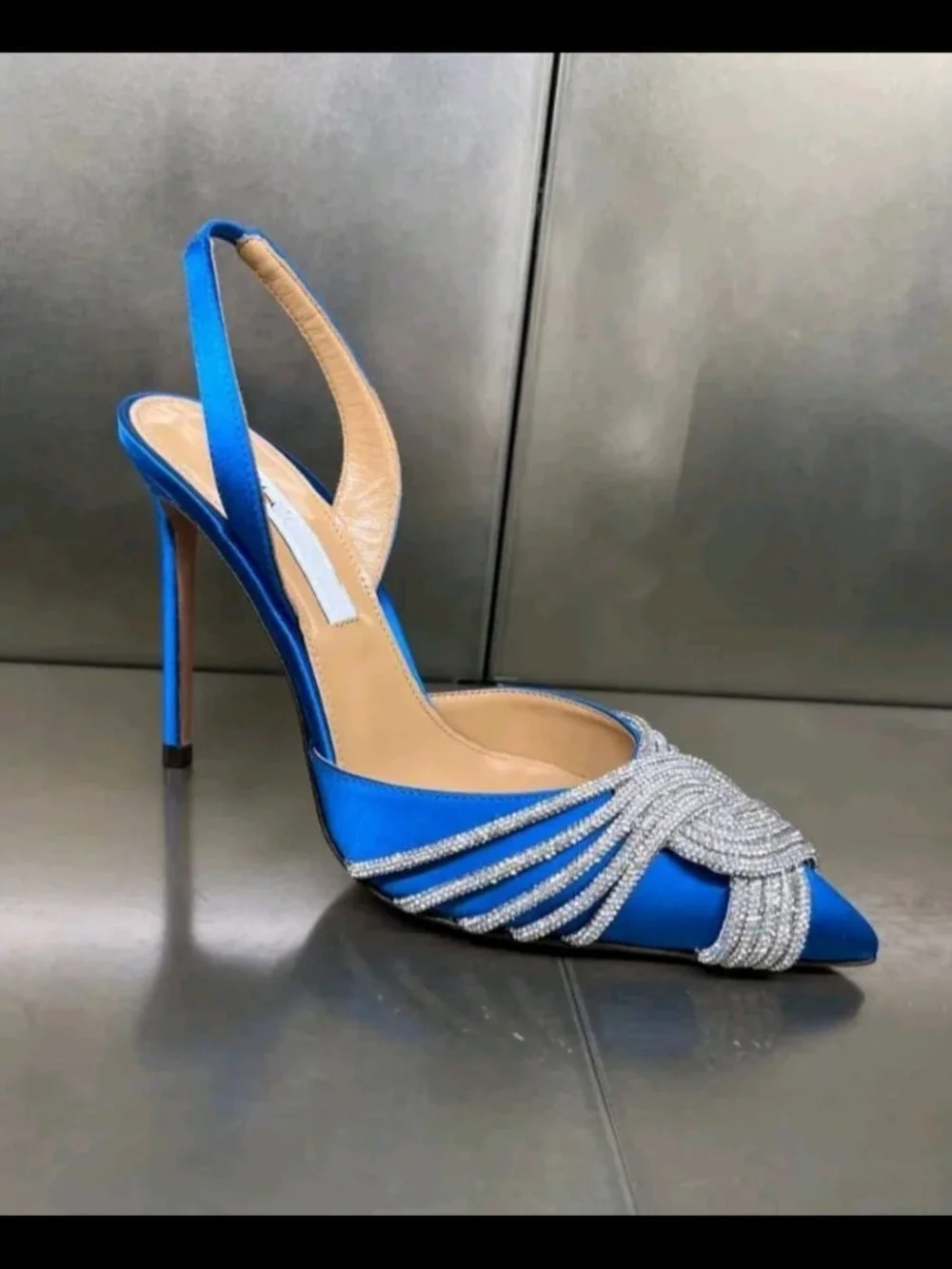 Berness Sapphire Satin Pointed Heels with‎ Crystal Knot Size 8.5